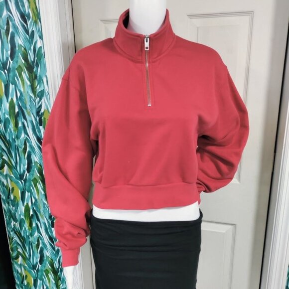 Tna Airy fFleece Perfect 1/4 Zip Mock Neck Oversized Cropped Sweatshirt Red M - Picture 3 of 12